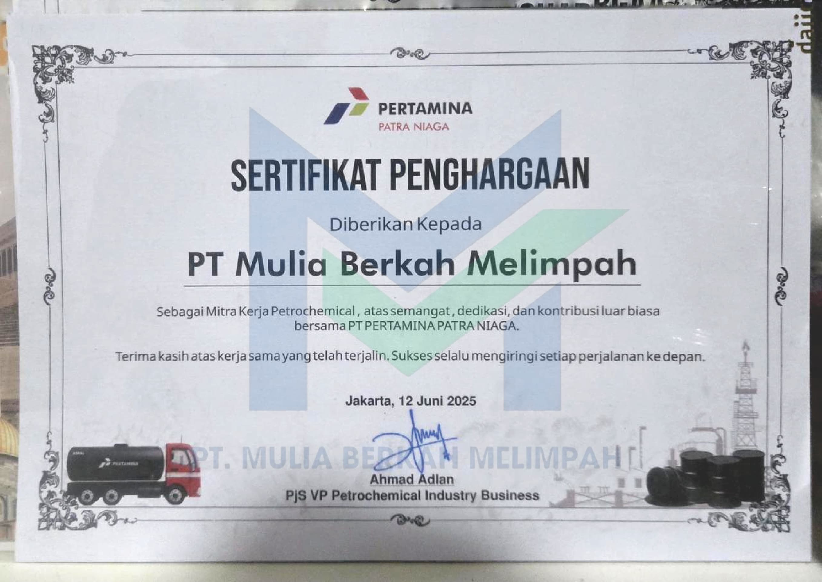 Sertifikat Penghargaan Pertamina 2025